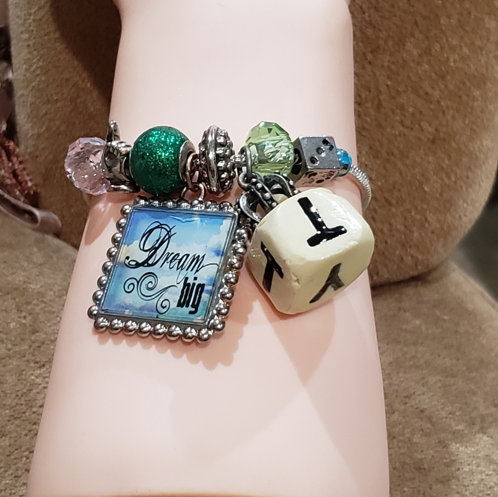Dream Big Charm Bracelet with Letter Dice and Tag Charms